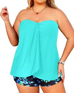 lot 9527 image: Daci Plus Size Bandeau Tankini Swimsuit for Women Two Piece Halter Swim Top with Shorts Flyaway Tummy Control Bathing Suits Aqua and Blue Floral 16 Plus