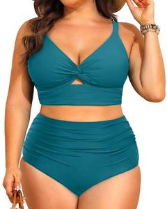 lot 9530 image: Daci Plus Size Two Piece Swimsuits - Women High Waisted Bikini Tummy Control Bathing Suits Knot Twist Swimwear 2025 Teal 18 Plus