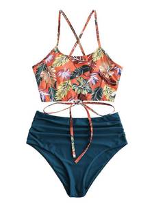 lot 9531 image: ZAFUL Womens Floral Crisscross Ruched High Waisted Bottom Bikini Set Two Piece Swimsuit Tankini Bathing Suit,2XL Peacock Blue
