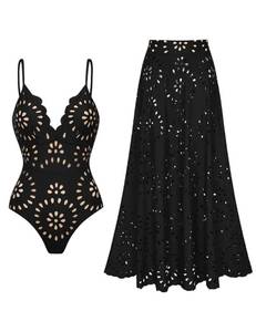 lot 9533 image: FLAXMAKER Womens One Piece Bathing Suit Petal Hollow V Neck Swimsuit and Skirt (Black Swimsuit and Skirt, L)
