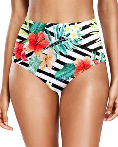 lot 9534 image: Zmart Womens High Waisted Bikini Bottom - Full Coverage Tummy Control Swimsuit Bathing Suit Swim Bottoms Striped and Floral L