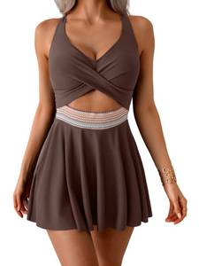 lot 9535 image: Aidonger Women Cutout Swimdress One Piece Swimsuit Color Block Bathing Suit with Skirt Wrap Front Tummy Control Swim Dress