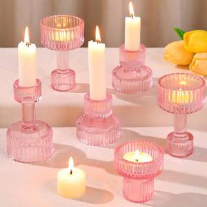 lot 6977 image: Candlestick Holders Bulk, 6 Pcs Pink Combination Candle Holders Set, Crystal Candle Holders for Wedding, Table Centerpiece, Home Decoration
