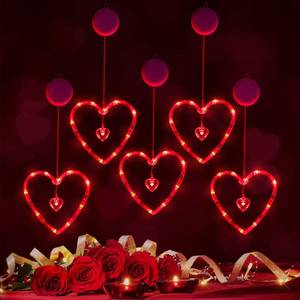 lot 6981 image: Baquler 5 Pcs Timed Valentines Day Window Lights Hanging Red Heart Lights with Suction Cup Battery Operated Heart LED for Valentines Day Anniversary Wedding Home Decor(Red).BROKEN.  - Retail $17