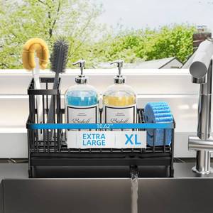 lot 6993 image: Moforoco Extra Large Sponge Holder for Kitchen Sink Organizer Caddy, Dish Brush Scrubber Holder,Stainless Steel Sink Box Utensil Holder,Soap Dispenser Set Tray Counter Accessories & Storage Rack - Retail $10