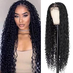 lot 7015 image: Janyuwool 36 Boho Knotless Box Braided Wigs Full Double Lace Braid Wig for Black Women Lace Frontal Human Hair Blended Braided Wig with Boho Curls Lace Front Braids Wigs with Baby Hair (Black) - Retail $60