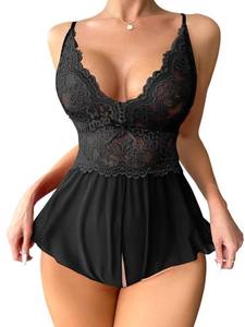 lot 7019 image: SOLY HUX Womens Lace Teddy Lingerie Spaghetti Strap Bodysuit Babydoll Sleepwear Solid Black XL - Retail $20