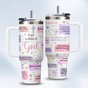 lot 7034 image: Christian Gifts for Women 30oz Tumbler - I Am a Child of God Insulated Travel Mug with Handle & Straw - Birthday Christmas Gifts, Inspirational Religious Catholic Baptism Confirmation Gift for Her. Lid is broken. - Retail $23