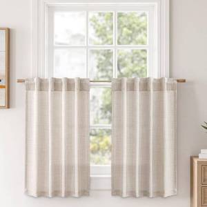 lot 7036 image: MIULEE Linen Textured Small Kitchen Window Curtains Over Sink, Semi Sheer Farmhouse Cafe Curtain 36 Inch Long Short Back Tab Half Window Curtains for Bathroom Basement 2 Panels Beige - Retail $18