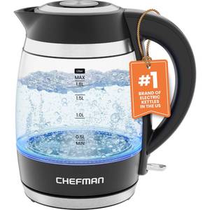 lot 7095 image: Chefman Electric Kettle, 1.8L 1500W, Hot Water Boiler, Removable Lid for Easy Cleaning, Auto Shut Off, Boil-Dry Protection, Stainless Steel Filter, BPA Free, Borosilicate Glass Electric Tea Kettle - Retail $24
