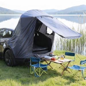 lot 7096 image: SUMK Tailgate Camping Tent for Tesla Model Y 2020-2024 Accessories UPF50 & Waterproof PU 3000mm 420D Oxford Fabric Car Tailgate Shade Awning with Screen Net Suitable for 2-4 Person - Dark Blue - Retail $86