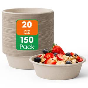 lot 7103 image: ECOLipak 20 OZ 150 Count Paper Bowls, Disposable Compostable Large Soup Bowl, Heavy Duty Bagasse Bowls for Family Lunch, Dinner Meals, Camping, Party - Retail $33
