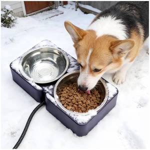 lot 7122 image: Heated Pet Bowl for Outdoor Cats & Dogs in Winter, Anti-Freeze Food & Water Pet Dual Bowl with Chew-Resistant Cord, Waterproof for Winter Feeding, 20.3oz Each - Retail $19