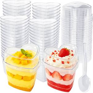 lot 7123 image: 60 Pack Heart Shaped Dessert Cups with Lids and Spoons,5 oz Mini Plastic Dessert Shooter Cups,Clear Plastic Appetizer Cups for Valentines Day,Party Appetizers,Ice Cream,Mousse,Pudding and Fruit - Retail $16