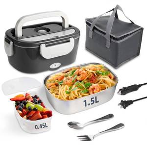 lot 7134 image: SOHIDA Electric Lunch Box, 12V24V110V Portable Food Warmer with SS Fork & Spoon for CarTruckOffice, 80W Self Heating Lunch Box with 1.5L 304 Stainless Steel Container & 0.45L PP Fruit Box Beige - Retail $28