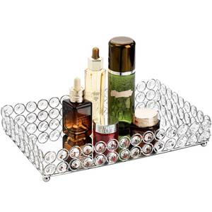 lot 7143 image: Hedume Crystal Cosmetic Mirrored Makeup Tray, 12.3 x 8, Large Jewelry Organizer, Ornate Decorative Vanity Tray for Dresser, Countertop, Wedding, Home, Bathroom - Retail $19