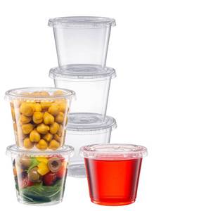 lot 7144 image: Pantry Value 5.5 oz Jello Shot Cups with Lids 100 Count Clear Disposable Plastic Portion Containers for Snacks, Sides, Meal Prep & Sauces - Durable, Stackable, Leak-Resistant - Retail $13