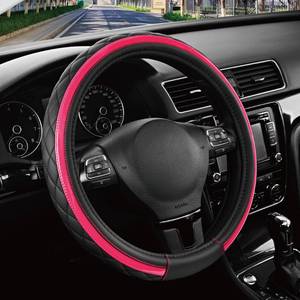 lot 7145 image: Road Comforts Leather Steering Wheel Cover Black &amp Hot Pink, Universal Fit 14.5-15 Inch, Microfiber Leather, Anti-Slip &amp Breathable Design for Men and Women - Retail $16
