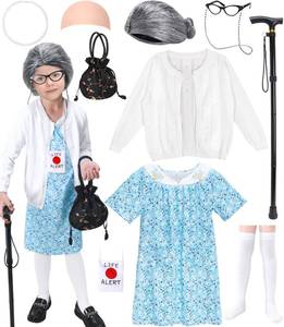 lot 7146 image: Boutrele 11 Pcs Old Lady Costume for Kids,100 Days of School Costume Girls,Grandma Costumes for Kids Accessories - Retail $23
