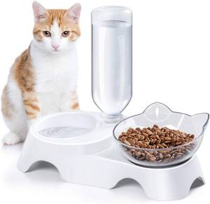 lot 7184 image: MILIFUN Double Dog Cat Bowls - Pets Water and Food Bowl Set, 15°Tilted Water and Food Bowl Set with Automatic Waterer Bottle for Small or Medium Size Dogs Cats - Retail $13
