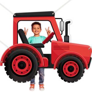 lot 7199 image: Farm Tractor Party Decorations Red Tractor Shaped Photo Prop Backdrop Farmyard Theme Background Banner Truck Photography Decorations for Farmhouse Birthday Indoor Outdoor Party Supplies 5.8x4.5 ft - Retail $11