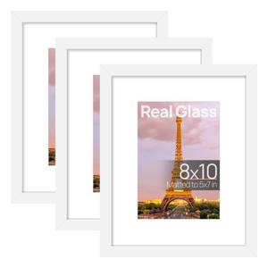 lot 7214 image: upsimples 8x10 Picture Frame Set of 3, Made of High Definition Glass for 5x7 with Mat or 8x10 Without Mat, Wall Mounting Photo Frames, White - Retail $16