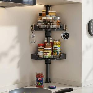lot 7241 image: ADVEZO Standing Spice Rack Organizer, Counter Corner Double Tier Lazy Susan, Height Adjustable 360 Rotating Storage Rack with Hooks for Kitchen & Bathroom Corners (Black)