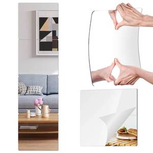 lot 7244 image: PopularLdo Wall Mirror Tiles 12x12 inch 4 Pack, Self Adhesive Plastic Mirrors for Wall Decor, Easy Install Stick-On Full Body Mirror Squares - Retail $13