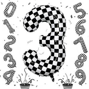 lot 7254 image: 3rd Birthday Number Balloons for Boys, 40 Inch Checkered Racing Foil 3 Balloons, Self Inflating Helium Black and White Big Number 3 Balloon for Kids Birthday Race Car Flag Party Decoration Supplies - Retail $6