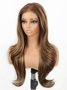 lot 7261 image: cuiud Honey Brown Lace Front Highlight Wig 13x4 HD Glueless Highlight Synthetic Lace Wigs for Beginners Brown Layered Wave Wig for Women 26inch - Retail $46