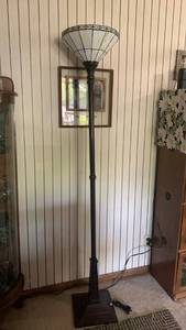 lot 1103 image: Tiffany Style Torchiere Floor Lamp with White Glass Shade 70 inches tall