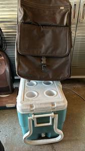 lot 2014 image: Large Coleman Cooler with Cup Holders - Broken Hinges and a rolling suitcase