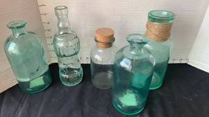 lot 2126 image: Aqua Glass Apothecary Bottles with Cork Stoppers