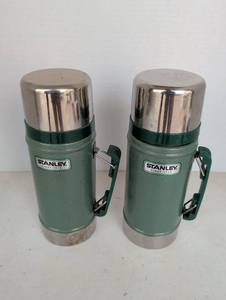 lot 2213 image: Stanley Classic Thermos Set - Two Green Insulated Bottles