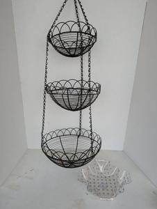 lot 2216 image: 3-Tier Black Wire Hanging Basket with plastic Decorative Bowl