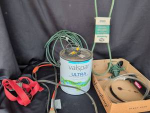 lot 2231 image: Pipe Heat Cable, Valspar Paint, fluid transfer pump, 2 extension cords, belt