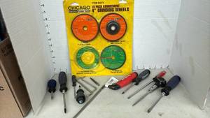 lot 3019 image: Chicago 10-Pack 4 Inch Grinding Wheels and Mixed Hand Tools Lot