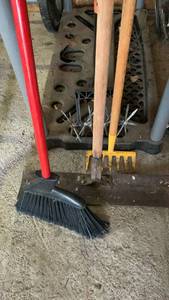 lot 3111 image: Broom, dust pan, small rake and garden cultivater