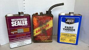 lot 3317 image: Waterproofing sealer and paint thinner - both almost full and a 1 gallon gas can