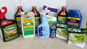 lot 3321 image: Bug killer products, root fertilizer, marking chalk and sanitizing spray