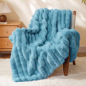 lot 18969 image: BEDELITE Faux Rabbit Fur Blanket, Luxurious 3D Striped Spring Blanket for Decor & Gift, Soft and Warm Plush Fluffy Faux Fur Throw Blanket All Seasons Suitable, (Light Blue, 60x 80) - Retail $51
