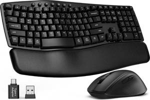 lot 18971 image: Wireless Keyboard and Mouse Combo, SABLUTE MA41 30dB Quiet Ergonomic Wave Keyboard Set with Soft Leather Palm Rest, Dual-System Switch for WindowsMac, Ideal for Business Teams Home Office - Retail $37