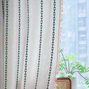 lot 18996 image: Deeprove Emerald Green Boho Curtain 63 inches Length for Kitchen, Vintage Bohemian Embroidery Farmhouse Cotton Linen Striped French Country Tassel Window Treatments Decor, W52 x L63, 1 Panel - Retail $26