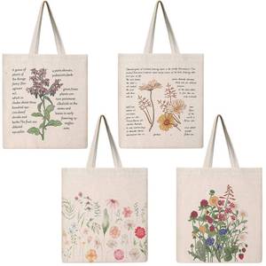 lot 19053 image: Saintrygo 4 Pieces Canvas Flowers Bible Tote Bag Gift Beautiful Floral Aesthetic Reusable Tote Bag Grocery School Book Lover Makeup Pocket for Girls Women Teacher(Flower) - Retail $14