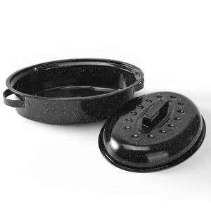 lot 19058 image: 15.4 Roasting Pans for Ovens Porcelain Enameled Steel Oval Roaster Pan with Domed Lid for Turkey, Chicken, Vegetable, Lamb, Sourdough Bread - Retail $29