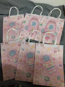 lot 19062 image: Geyoga 6 Pcs Pink Outer Space Party Favor Bags Space Goodie Gift Bags with Handles Galaxy Rocket Treat Party Supplies Two The Moon Birthday Decoration for Birthday Astronaut Galaxy Solar System Theme - Retail $15