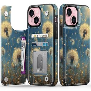 lot 19066 image: FUNMIKO for iPhone 15 Wallet Case with Card Holder  Cash Clip, RFID-Blocking, Military-Grade Drop Protection & UV-Printed Artwork, Magnetic Closure with Leather Kickstand - Dandelion in The Sky - Retail $18