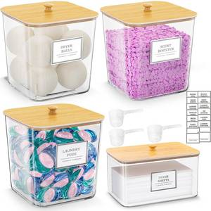 lot 19072 image: HomePekite Laundry Pods Storage Container, Clear Laundry Room Organization and Storage,Detergent Powder Container,with Wooden Lids & Labels, 31 Pack - Retail $20
