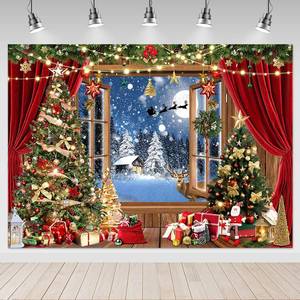 lot 19076 image: Mocsicka Christmas Window Backdrop 7x5ft Winter Snow Scene Xmas Eve Party Photography Background Christmas Tree Gifts Family Holiday Decoration Props - Retail $9