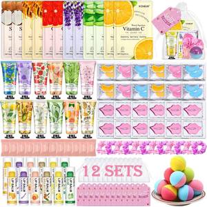 lot 19080 image: KONEUK 120 PCS Spa Party Supplies for Women, Spa Party Favors Include Face Masks Skincare, Hand Cream, Lip Balm, Under Eye Patches, Lip Mask and Foot Bath Bombs, Spa Birthday Sleepover Party Supplies - Retail $31